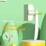 White and green self-cleaning pet grooming comb for removing fleas, tangles, and shedding hair from cats and dogs