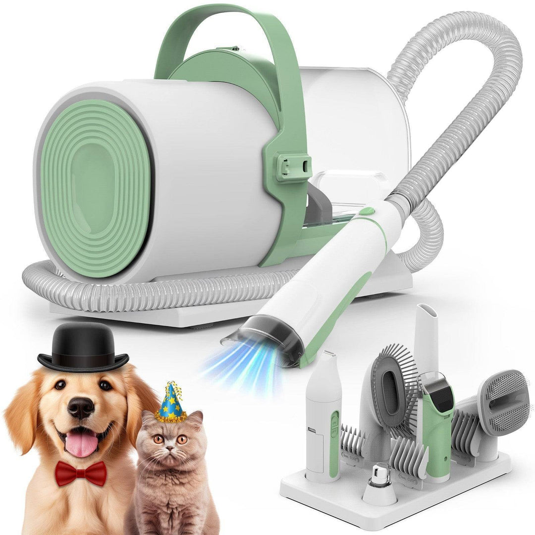 Portable 2-in-1 pet hair remover vacuum and grooming tool with multiple attachments for dogs and cats grooming and cleaning.