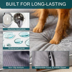Load image into Gallery viewer, Dog standing on grey orthopedic egg foam bed with waterproof, washable cover, non-slip bottom, and removable zipper cover.
