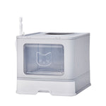 Load image into Gallery viewer, Grey enclosed cat litter box with slide-out tray and transparent front panel featuring cat face design

