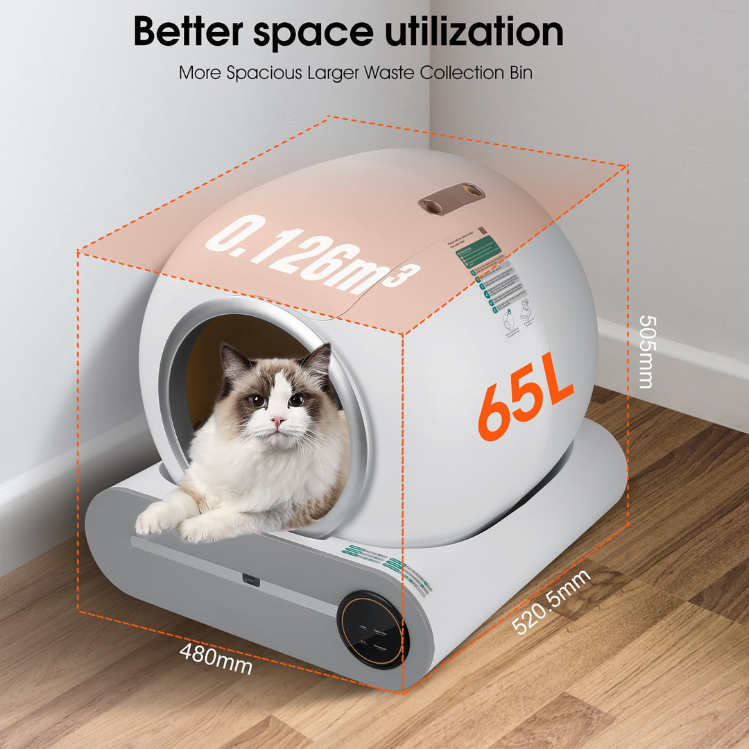 Smart self-cleaning cat litter box with app control and large 65L waste bin for better space utilization