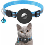 Load image into Gallery viewer, Blue reflective adjustable pet collar with bell and Airtag holder for cats and small dogs shown on gray cat

