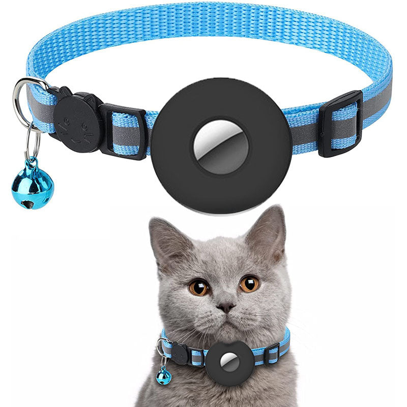 Blue reflective adjustable pet collar with bell and Airtag holder for cats and small dogs shown on gray cat