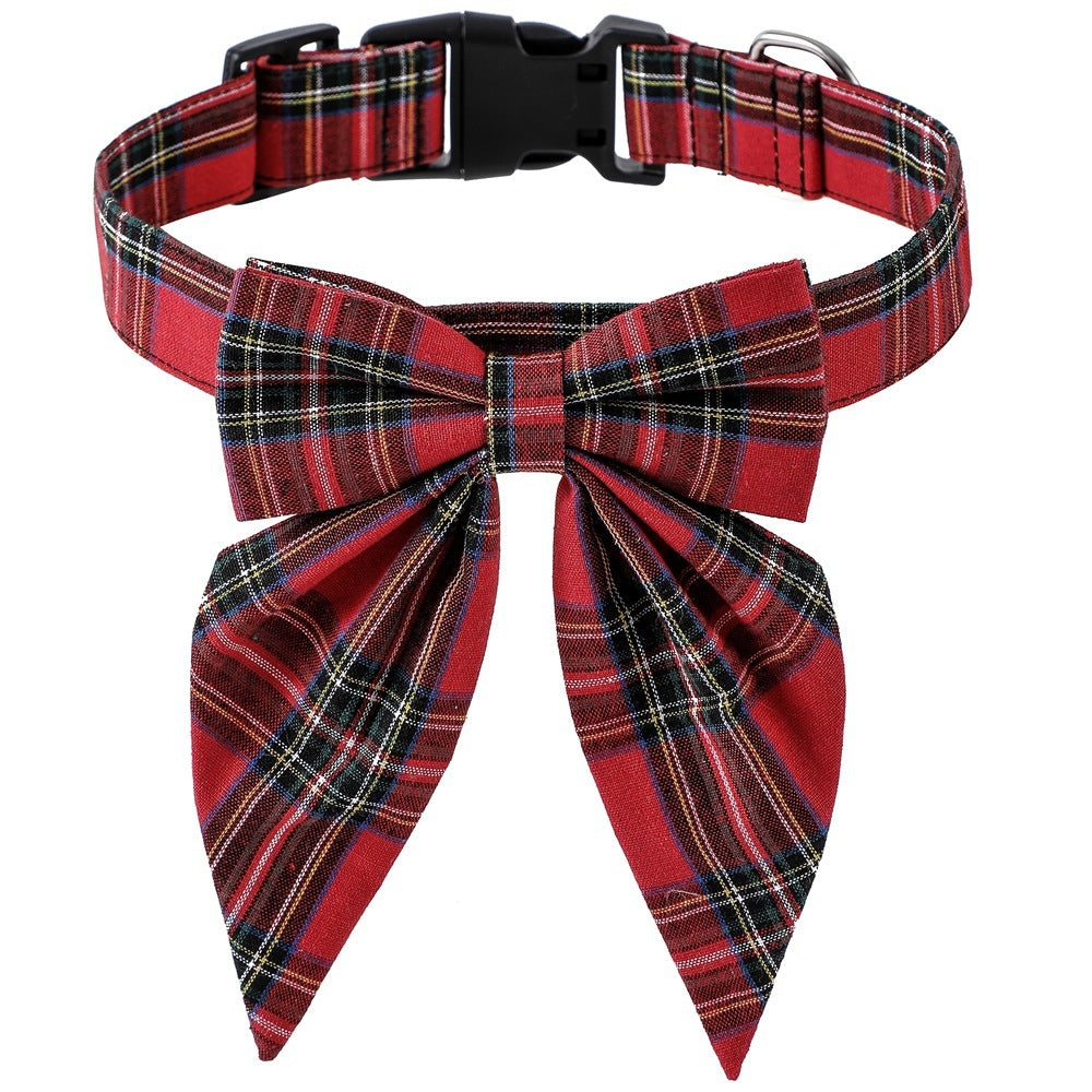 Adjustable red plaid Christmas dog bow tie collar for small to large dogs with quick-release buckle and metal ring.
