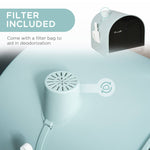 Load image into Gallery viewer, Close-up of a light blue enclosed cat litter box lid with built-in deodorizing filter and attached scoop on the side
