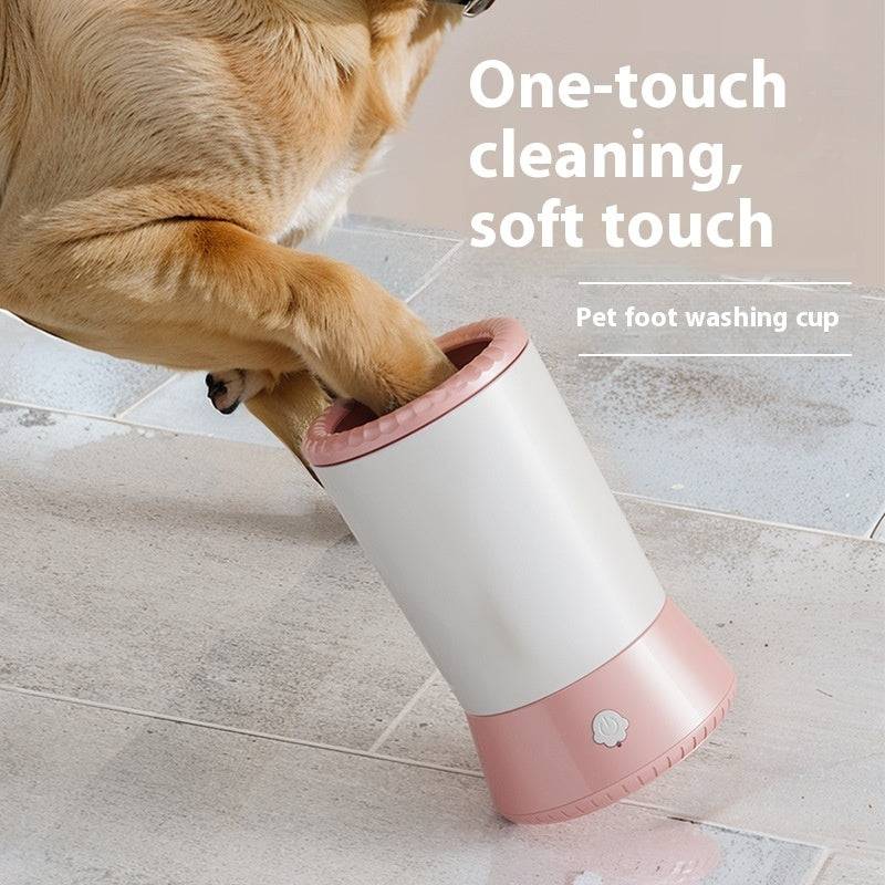 Dog using electric pet paw cleaner with soft touch automatic foot-washing cup for easy grooming