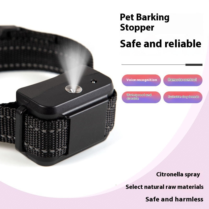 Black smart anti-bark spray dog collar emitting citronella mist for safe and reliable barking control