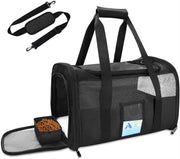 Large black soft-sided cat travel bag with mesh panels, foldable design, shoulder strap, and food compartment for pets.