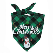 Green and black plaid triangular pet bandana with Merry Christmas text and snowman design for holiday festive outfits