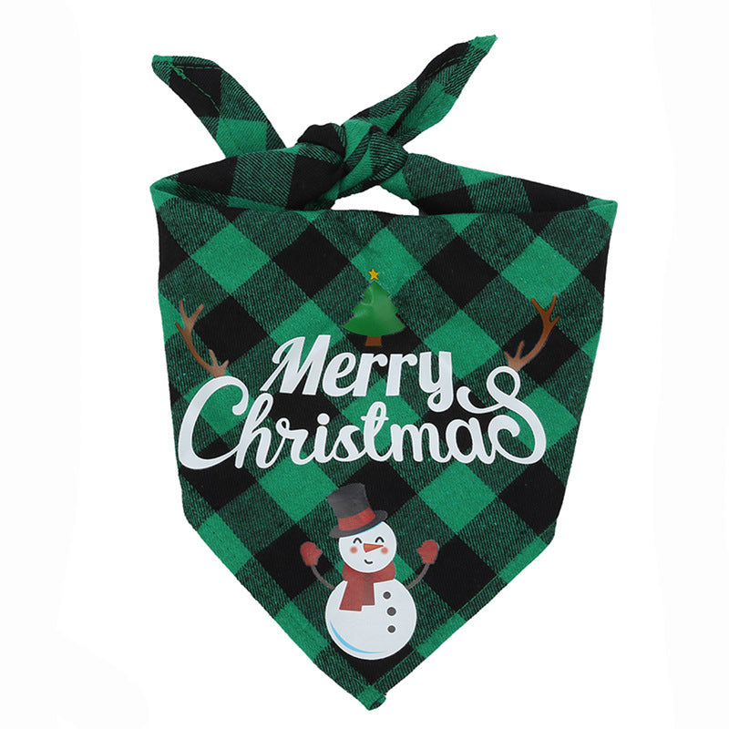 Green and black checkered triangular pet bandana with Merry Christmas text and snowman design for holiday festive outfit