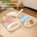 Load image into Gallery viewer, Cozy flannel cat sleeping bag nests with plush pompom, soft cotton filling, perfect for play and sleep.
