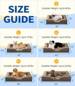Load image into Gallery viewer, Size guide for large orthopedic dog sofa bed with washable foam mattress showing measurements and suitable dog weights from 40 to 150 lbs
