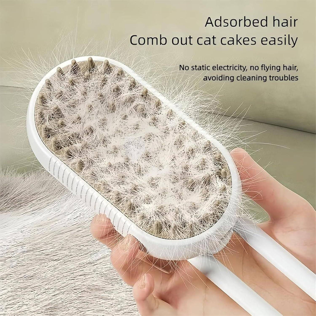 Cat Steam Brush showing absorbed cat hair with soft bristles for easy grooming and no static or flying hair.