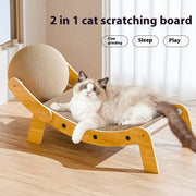 Cat lounging on wooden recliner cat scratcher toy designed for claw grinding, sleeping, and playing indoors