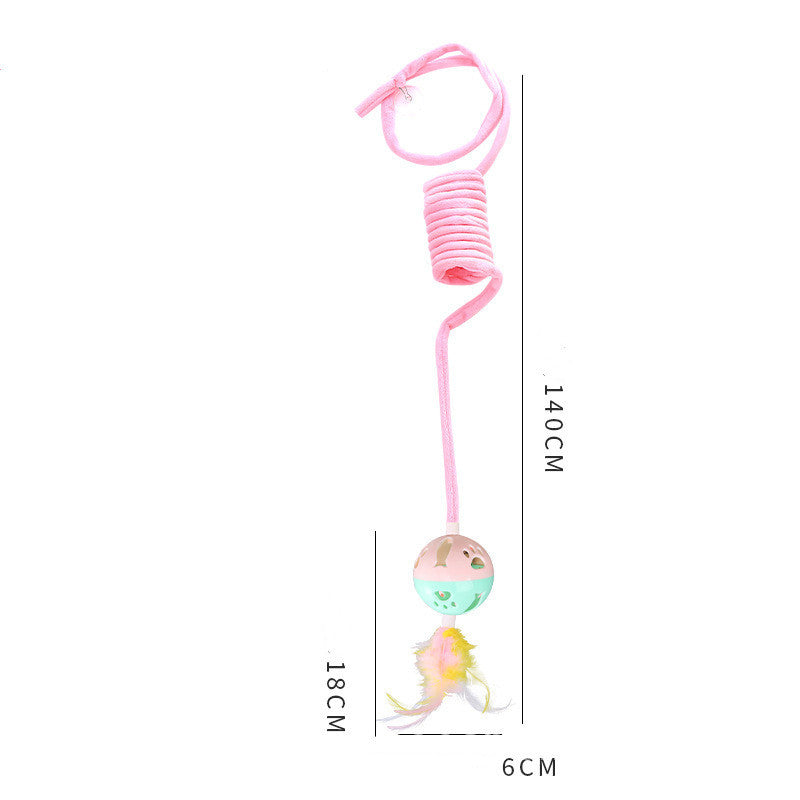Pink interactive spring cat toy with suction base, rabbit fur ball, and feather teaser for pet play and exercise