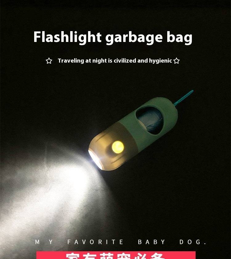 LED light pet waste bag dispenser glowing in the dark for convenient nighttime dog and cat walks.