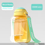 Load image into Gallery viewer, Portable 2-in-1 dog water bottle with food container, 1000ml capacity, yellow with teal strap for travel and pet feeding cups.
