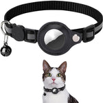 Load image into Gallery viewer, Adjustable reflective nylon pet collar with waterproof AirTag holder and bell for cats and dogs shown on a cat.
