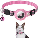 Load image into Gallery viewer, Pink reflective nylon pet collar with waterproof AirTag holder and bell, shown on a cat, adjustable for cats and dogs
