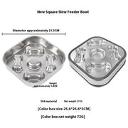 Square stainless steel slow feeder bowl with bone-shaped ridges to prevent choking and promote healthy eating for pets.
