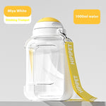 Load image into Gallery viewer, Portable 2-in-1 dog water bottle with 1000ml capacity and attached yellow strap for convenient pet hydration on the go
