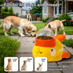 Load image into Gallery viewer, Yellow interactive dog puzzle feeder in duck design with two dogs playing outside on grass and pavement
