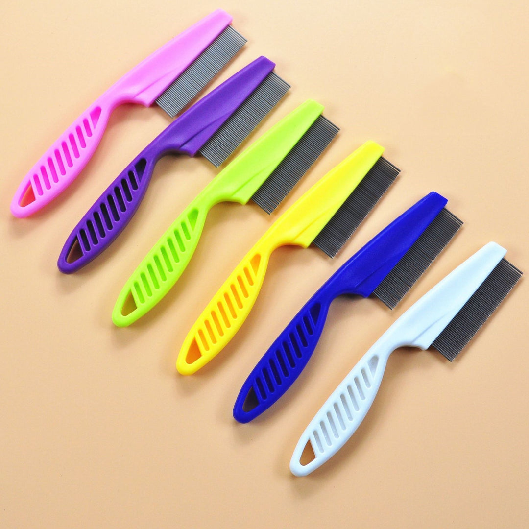 Colorful fine tooth stainless steel flea combs for dogs and cats, anti-flea grooming tools with ergonomic handles for daily pet care.