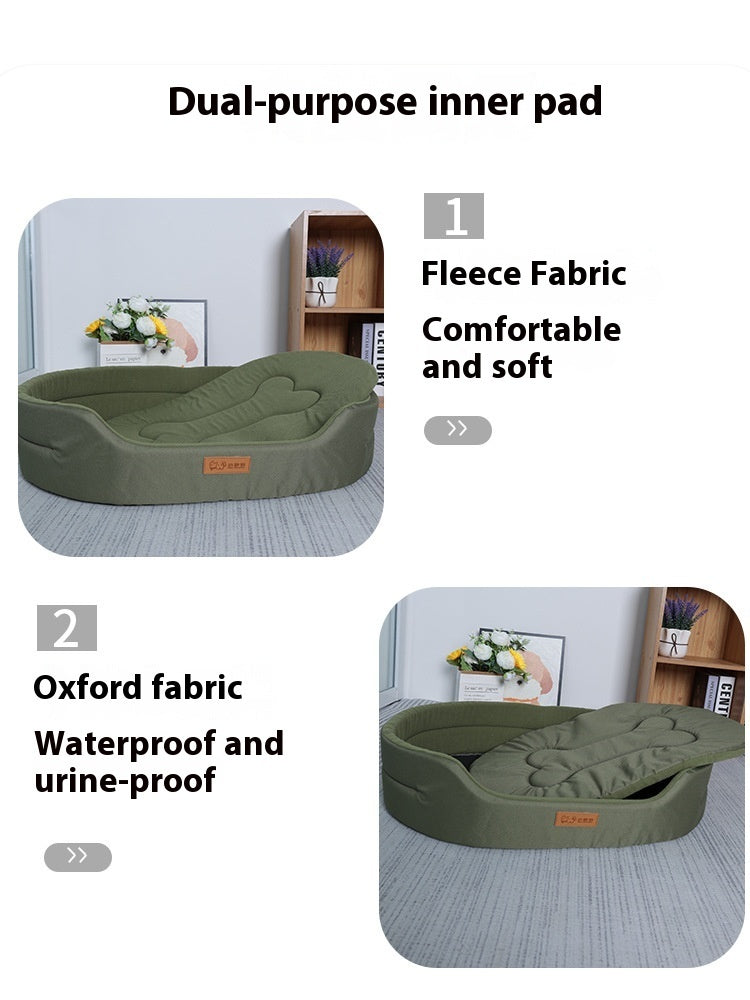 Stylish green pet bed with dual-purpose inner pad, fleece fabric top and waterproof Oxford fabric base for dogs and cats.