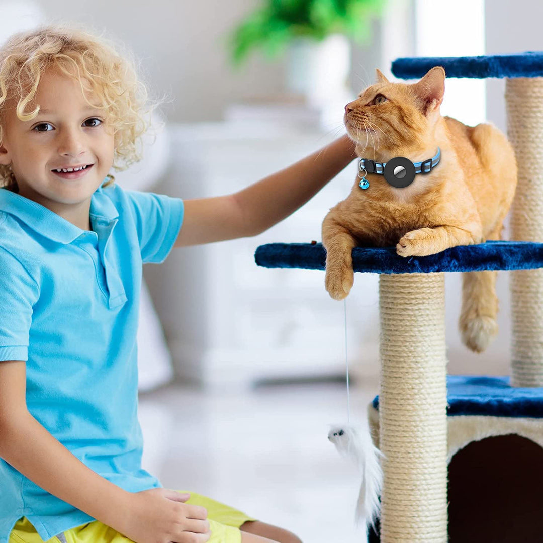 Child petting an orange cat wearing a reflective Airtag collar with bell on a blue cat tree indoors