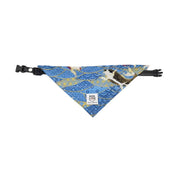 Blue Japanese Tang Grass and Cherry Blossom patterned triangular pet bandana with adjustable black strap and cat illustration tag