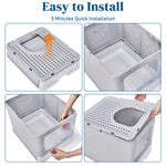 Load image into Gallery viewer, Grey enclosed cat litter box with perforated top, slide-out tray, and top-exit design being assembled step-by-step
