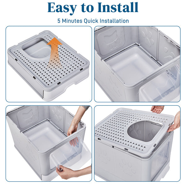 Grey enclosed cat litter box with perforated top, slide-out tray, and top-exit design being assembled step-by-step