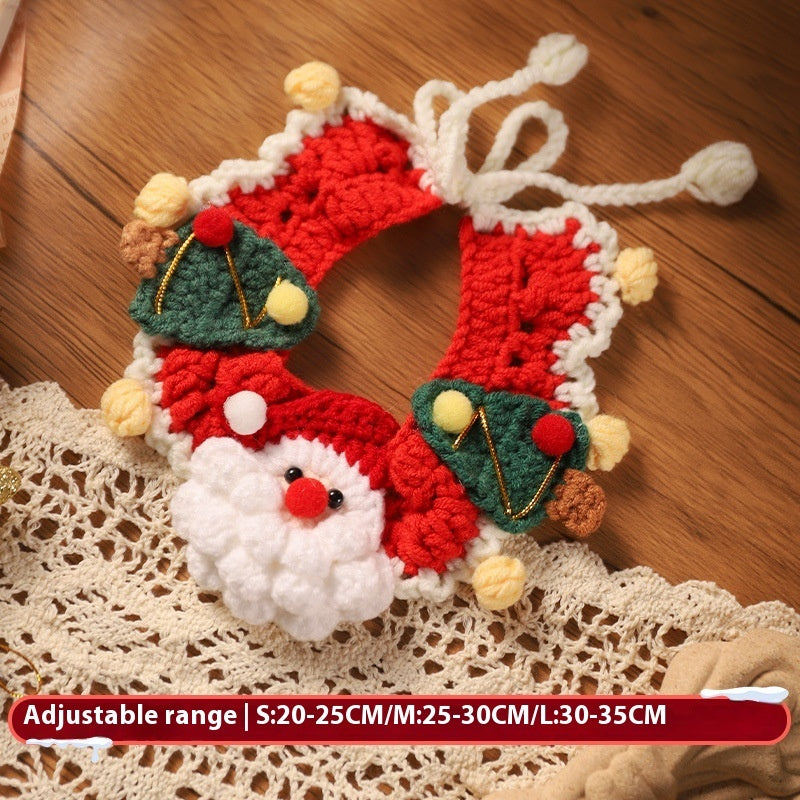 Red and white knitted Christmas scarf with Santa and tree decorations for pets, adjustable collar size for small to large pets