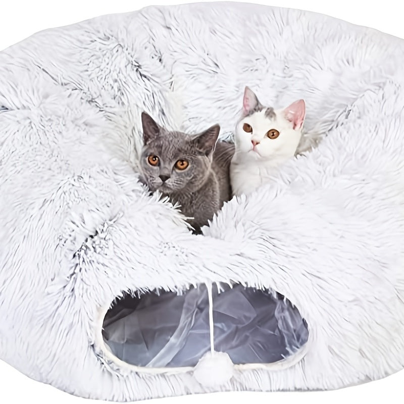 Two cats resting inside a foldable round plush winter cat tunnel nest for small pets and cats