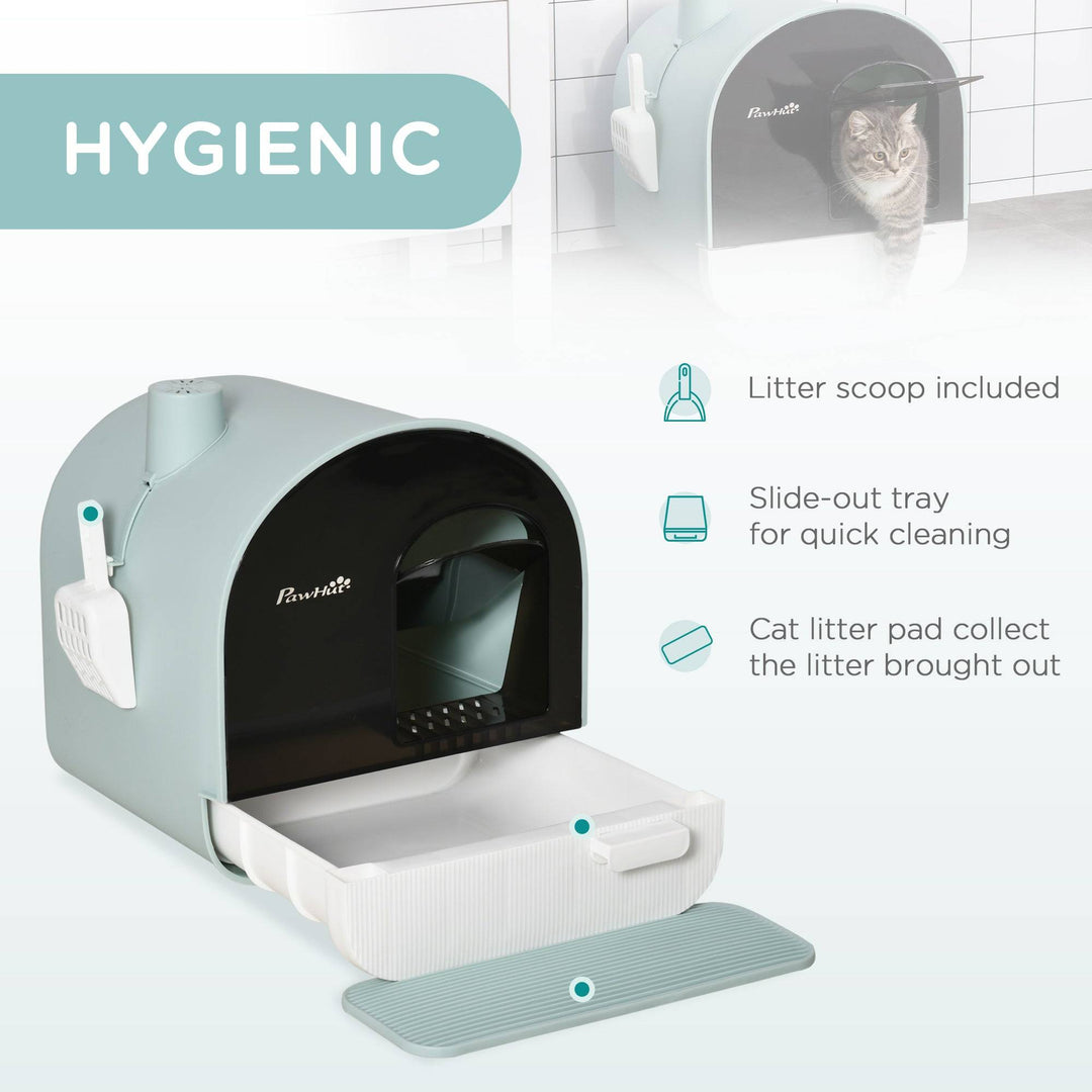 Enclosed cat litter box with lid, slide-out tray, scoop, and splash-proof design for easy and hygienic cleaning