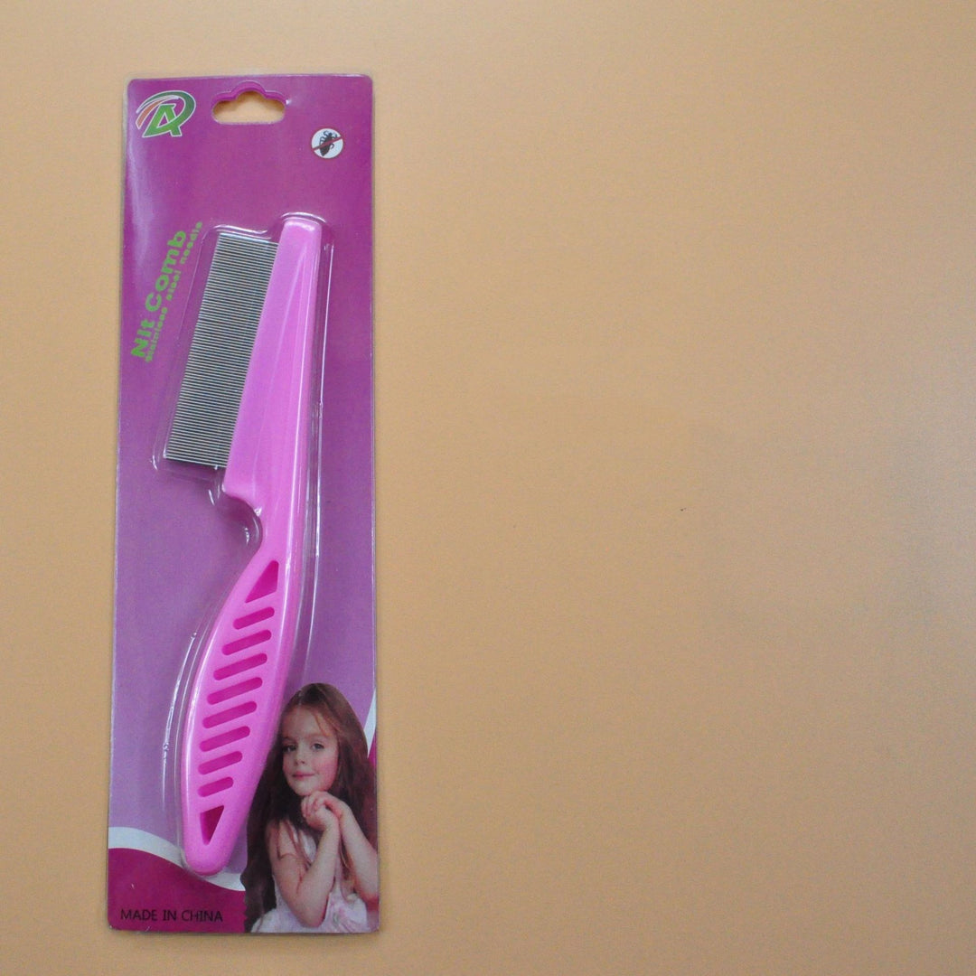 Pink stainless steel flea comb for pets in retail packaging, anti-flea grooming tool for dogs and cats, gentle on fur.