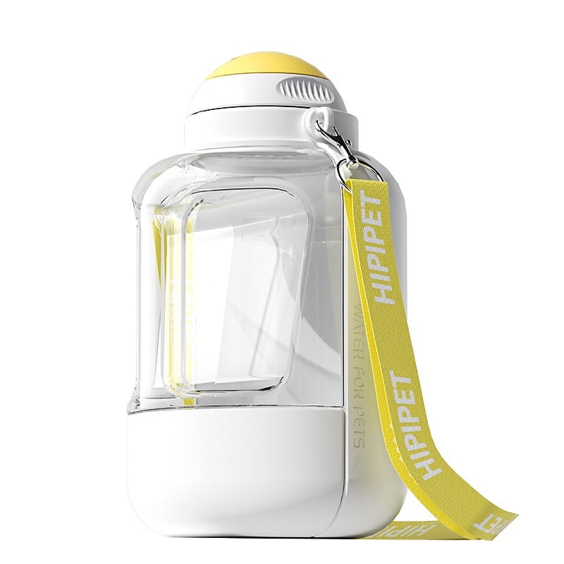 Large capacity 2-in-1 dog water bottle with food container and yellow Hipipet strap for travel and outdoor pet feeding