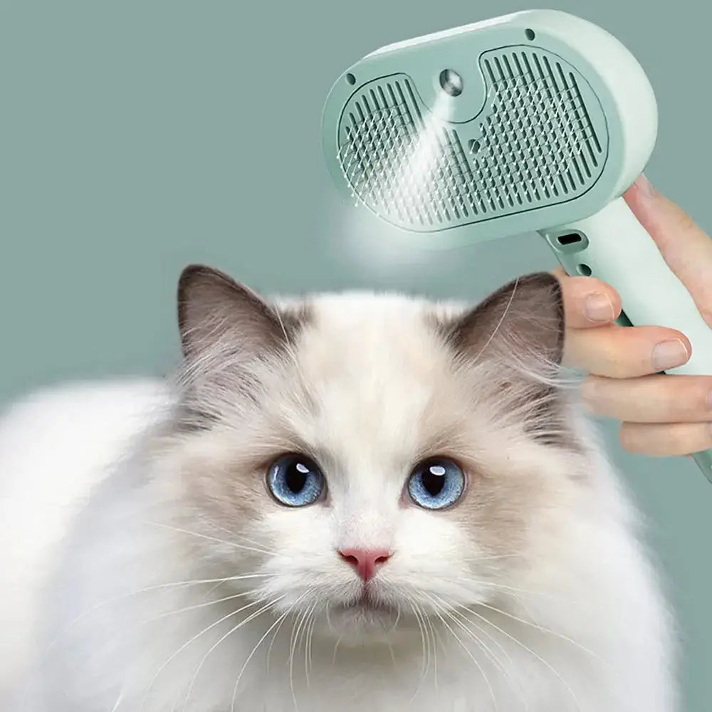 Mist spray Self-Cleaning Pet Comb used on a long-haired cat, showing gentle grooming and fur detangling with built-in humidifying feature.
