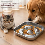 Load image into Gallery viewer, Square stainless steel slow feeding bowl with anti-choke design for healthy eating by dogs and cats on wooden floor

