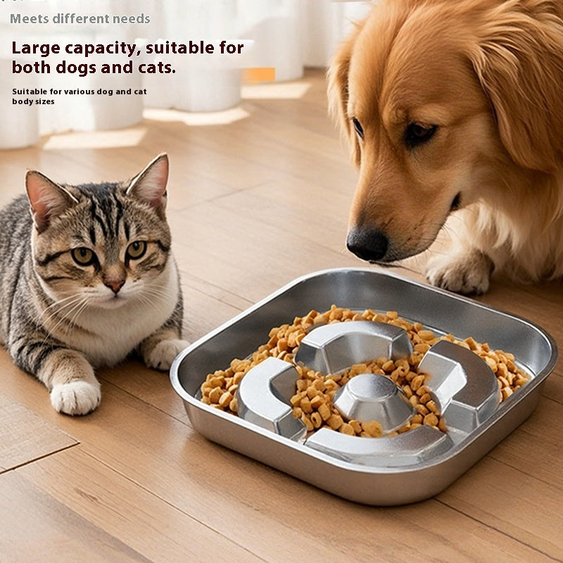 Square stainless steel slow feeding bowl with anti-choke design for healthy eating by dogs and cats on wooden floor