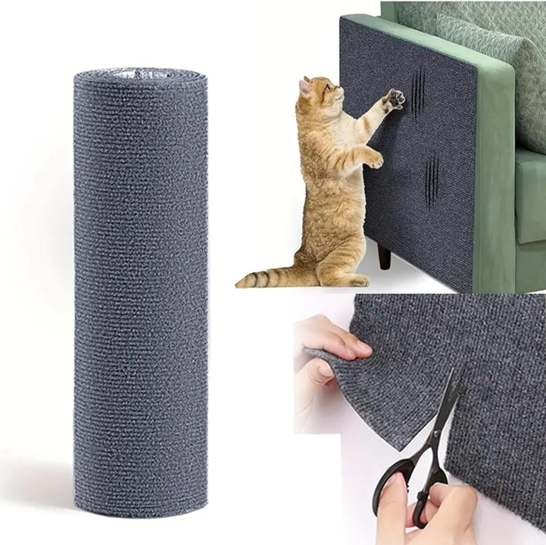 Gray DIY self-adhesive cat scratcher mat protecting sofa from scratches and showing trimmable carpet board feature.