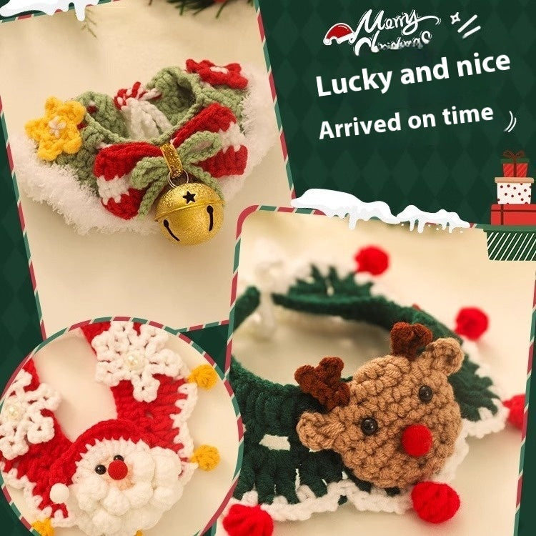 Crocheted Christmas pet scarves featuring Santa, reindeer, and festive bell designs for dogs and cats winter wear.