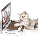 Load image into Gallery viewer, Cat playing on a computer-shaped corrugated cardboard scratch board with eco-friendly design for indoor cats.
