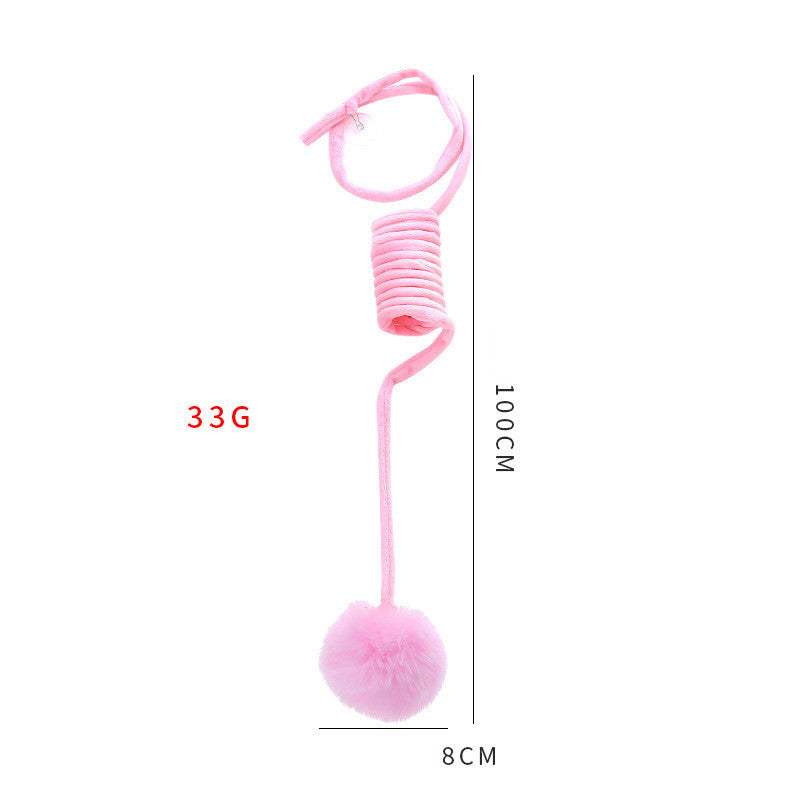 Pink interactive spring suction cat toy with rabbit fur ball, 100cm length, designed for pet play and exercise.