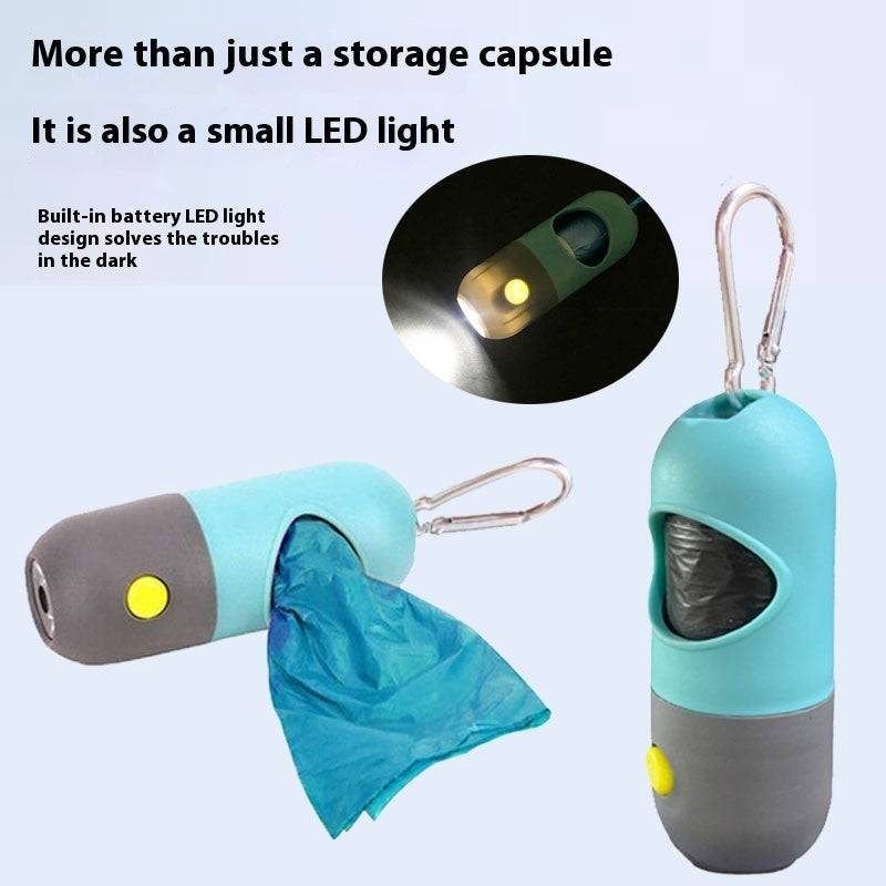 LED light pet waste bag dispenser with built-in battery light and clip for dogs and cats outdoors at night