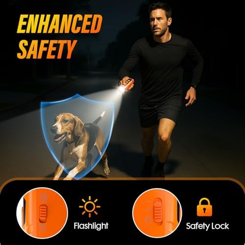 Enhanced safety ultrasonic dog deterrent with flashlight and safety lock, ideal for night walks and secure pet training sessions.