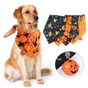 Golden retriever wearing orange Halloween pumpkin print bandana with pumpkin bell and festive pet bandanas set displayed nearby