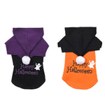 Load image into Gallery viewer, Two Halloween-themed dog sweaters with hoods, one black and purple, one black and orange, each with a white pom-pom and ghost design.
