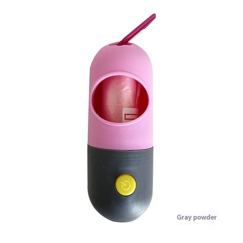 Portable pink and gray LED pet waste bag dispenser with a button and clip for dogs and cats waste bags