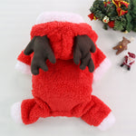 Load image into Gallery viewer, Red fluffy Christmas dog outfit with brown reindeer antlers and white trim for small to large dogs winter wear
